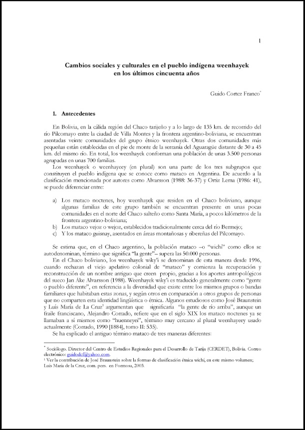 Cambios Sociales y Culturales en el pueblo idígena weenhayek en los últimos 50 años